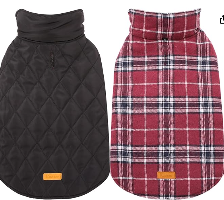 Kuoser Warm Dog Coat, Reversible Jacket Waterproof Winter Coat British Style Plaid Clothes Pet Cold Weather Coats Cozy Snow Vest for Small Medium Large Dogs Red S