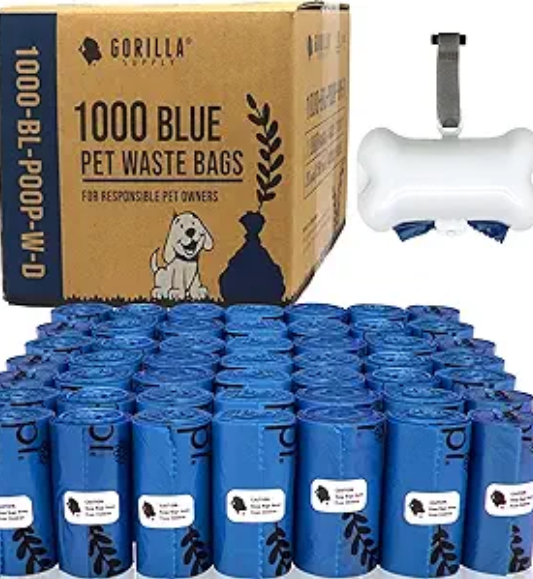 GORILLA SUPPLY Dog Poop Waste Bags with Dispenser and Leash Tie, 9" x 13", Blue, 1000 Count