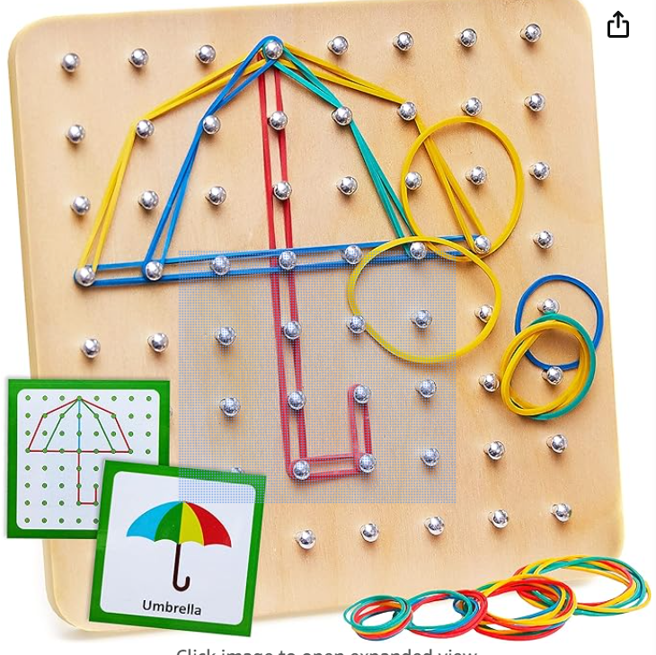 Panda Brothers Wooden Geoboard - Montessori Toys for 3 4 5 Year Old Kids and Toddlers, Educational Toy with 30 Pattern Cards and 40 Rubber Bands to Create Figures, Brain Teaser STEM Toy Geo Board