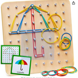 Panda Brothers Wooden Geoboard - Montessori Toys for 3 4 5 Year Old Kids and Toddlers, Educational Toy with 30 Pattern Cards and 40 Rubber Bands to Create Figures, Brain Teaser STEM Toy Geo Board