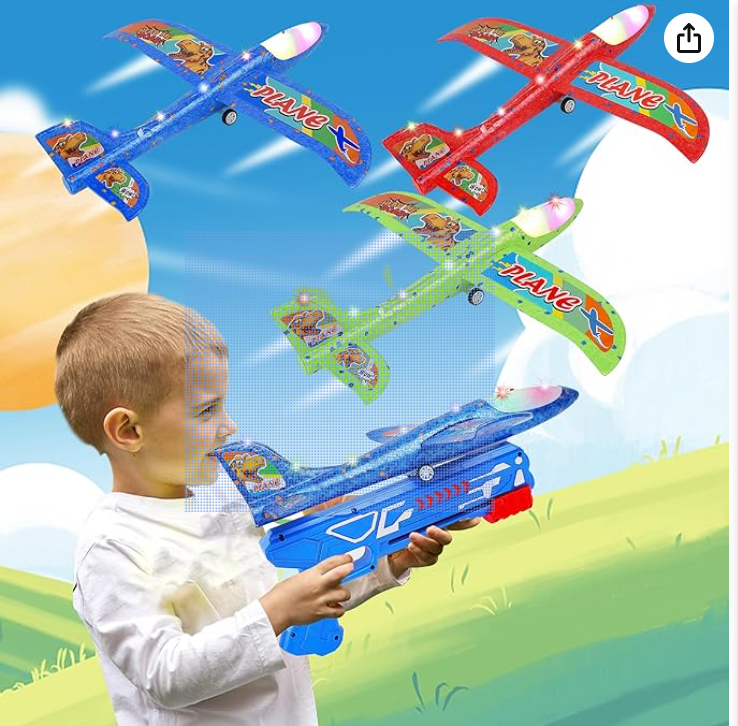 Lulu Home 3 Packs Airplane Launcher Toys Kit, 13.6" LED Foam Planes with 1 Launcher for Boys and Girls, 2 Flight Modes Glider Catapult Toys with DIY Stickers for Kids Christmas Birthday Gifts