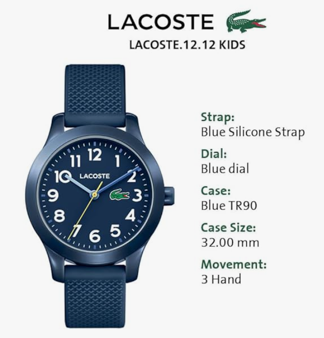 Lacoste 12.12 Kids' Quartz TR90 Case Watch with Silicone Strap - Durable, Stylish, and Water-Resistant Timepieces