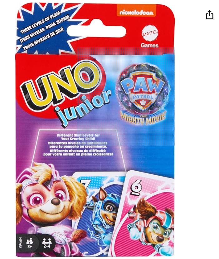 Mattel Games UNO Junior Paw Patrol: The Mighty Movie Kids Card Game for Family Night Featuring 3 Levels of Play