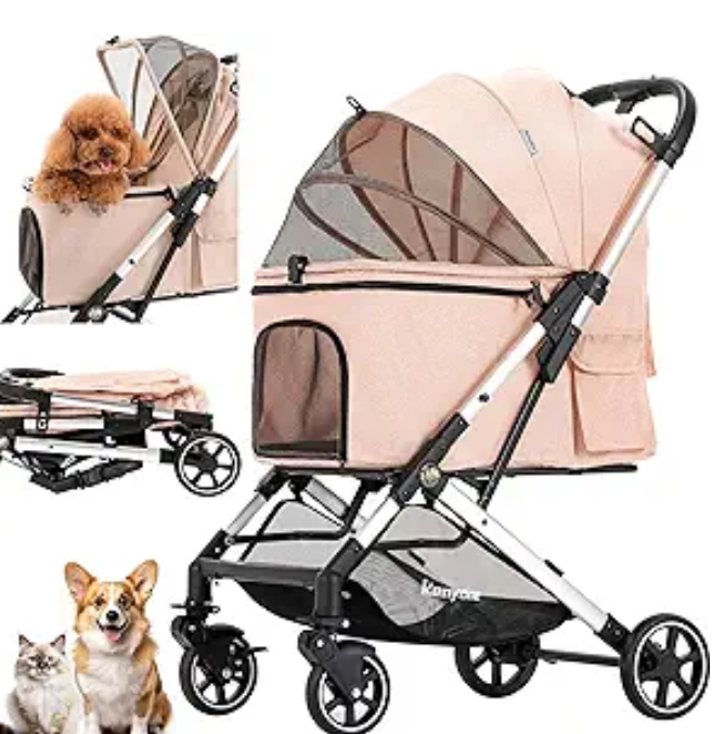 Kenyone Pet Stroller for Small to Medium Dogs Durable Cat Stroller with Lightweight Aluminum Frame, One-Click Folding, No Zip Entry, PU Wheels, Multiple Pockets(Pink)