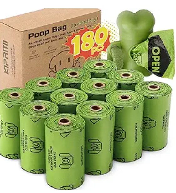 KIPRITII Strong-Endurance Dog Poop Bag Set with Dispenser & Leash Clip, Thick Waste Poop Bags for Puppy/Small/Medium/Large Dog & Cat (180PCS Lavender Scented)