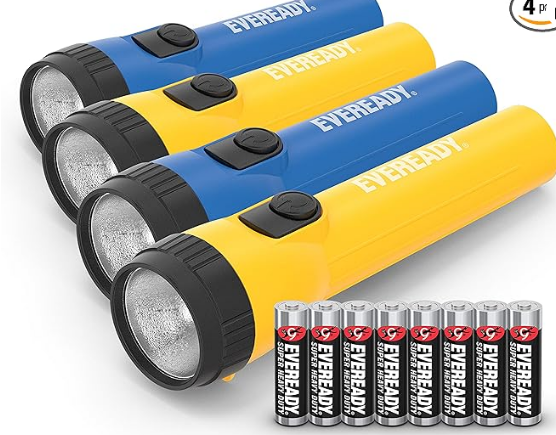EVEREADY LED Flashlights (4-Pack), Bright Flashlights for Emergencies and Camping Gear, Flash Light with AA Batteries Included, Blue/Yellow (4-Pack)