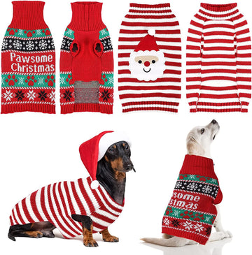 2 Pieces Pet Turtleneck Sweater Cats Dogs Christmas Footprints Snowflake Sweater Dog Red and White Santa Claus Knitwear Puppy Warm Xmas Pullover Clothes for Pets Holiday Winter Clothes