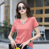 Top slimming and slimming new summer V-neck front shoulder pleated high waisted short sleeved T-shirt for women