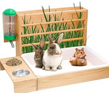 Rabbit Hay Feeder with Litter Box and Bowls, 4 in 1 Wooden Feeder Toilet Combine with Litter Box for Small Pets Guinea Pig Bunny Hamster