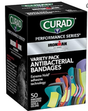 Curad Performance Series Ironman Antibacterial Bandages, Extreme Hold Adhesive Technology, Assorted Variety Pack Includes Standard, XL, Finger & Knuckle Fabric Bandages, 50 Count
