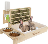 Teabelle Rabbit Litter Box with Hay Feeder and Bowls, 4 in 1 Wooden Bunny and Guinea Pig Hay Feeder, Small Pet Cage Accessories with Water Bottle Litter Pan Hay Feeder and 2pcs Bowls