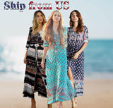 Women Lady Boho Kimono Sleeve Floral Long Maxi Summer Beach Dress Sundress