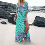 Women Lady Boho Kimono Sleeve Floral Long Maxi Summer Beach Dress Sundress