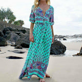 Women Lady Boho Kimono Sleeve Floral Long Maxi Summer Beach Dress Sundress