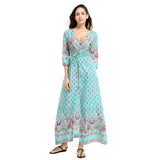 Women Lady Boho Kimono Sleeve Floral Long Maxi Summer Beach Dress Sundress